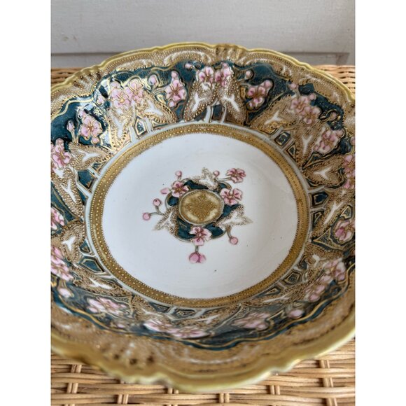 Vintage 40's Nippon Porcelain Bowl Gold Beading Pink Flowers 10" - Picture 16 of 16